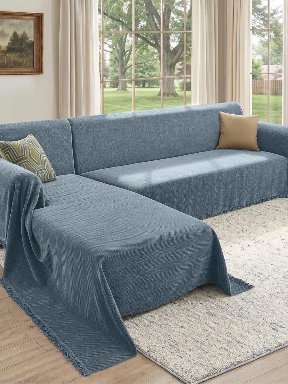 Chenille Two Piece L Shaped Sectional Blue Slipcover with Herringbone Pattern